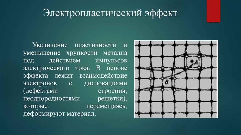 Увеличение эффекта. Электропластический эффект. Увеличение пластичности металлов. Взаимодействие электронов с решеткой. Электропластическая деформация металла..