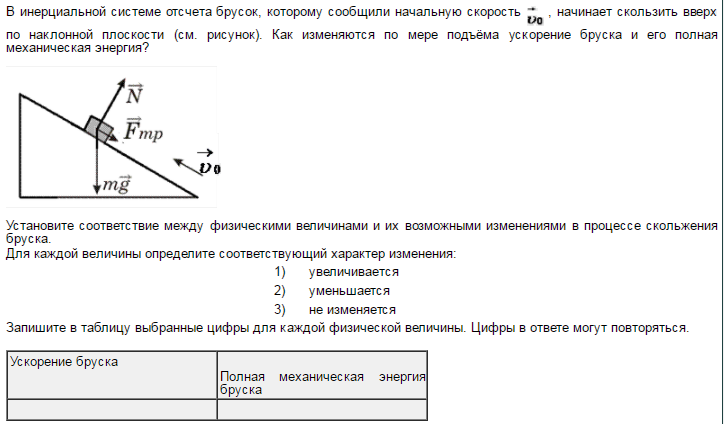 Ускорение бруска по наклонной плоскости