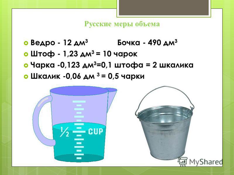 Вода объемом 4 5. Русская мера объёма жидкости. Русские меры объема жидкостей. Объем ведра. Ведра в литрах.