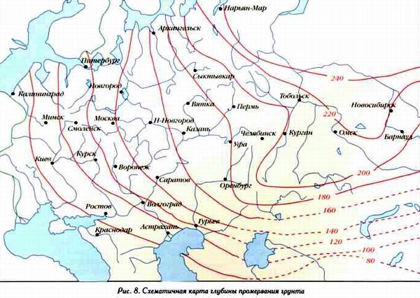 Карта изолиний глубины промерзания грунтов