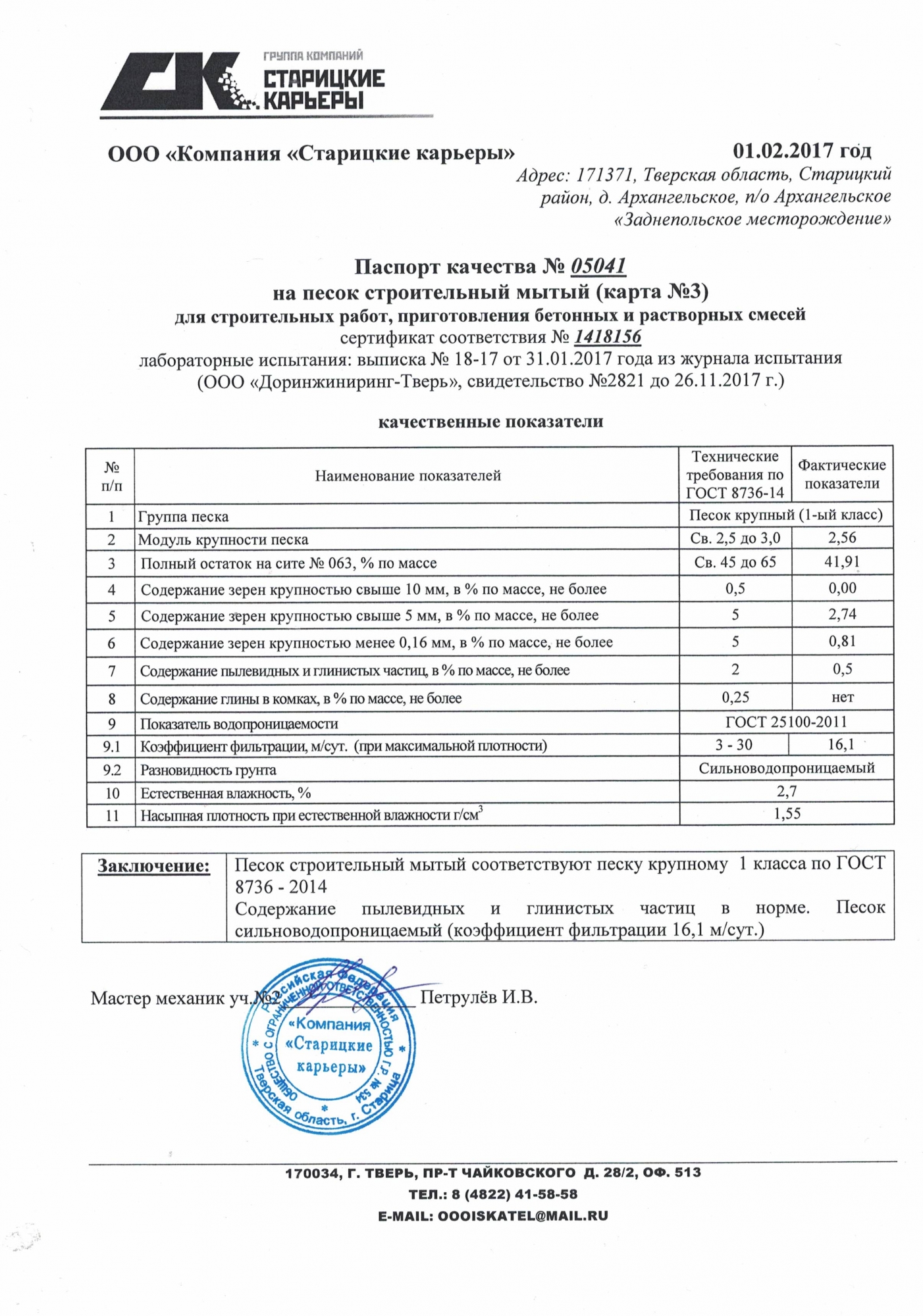 Паспорт качества на песок строительный Облнерудпром
