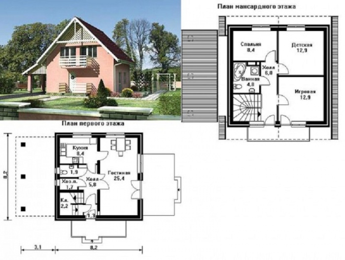 Проект дома с мансардой 8х8 из пеноблоков