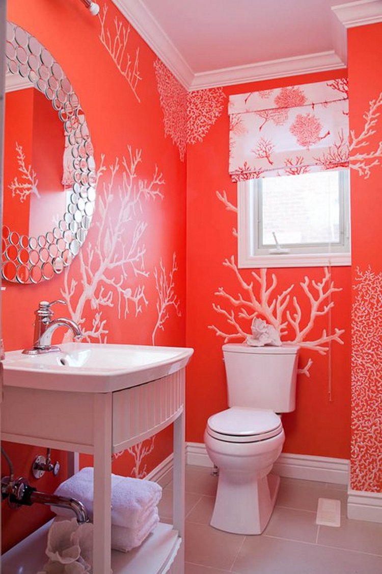 Какой краской можно покрасить в ванной. Красивые туалетные комнаты. Ванная кораллового цвета. Туалет в коралловом цвете. Отделка ванной комнаты краской.