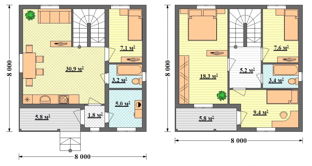 План 2 этажного дома 8х8