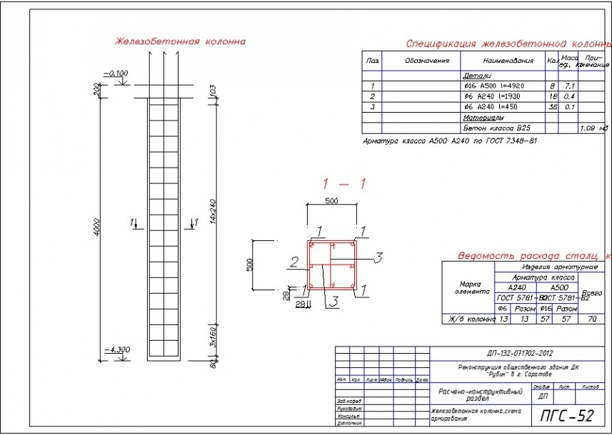 Армирование колонны 300х300 чертеж