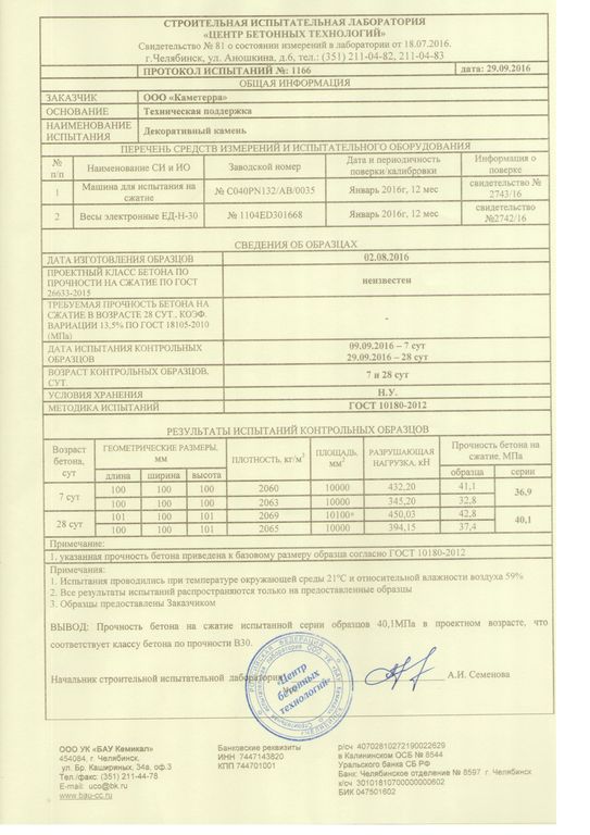 Протокол испытания бетона