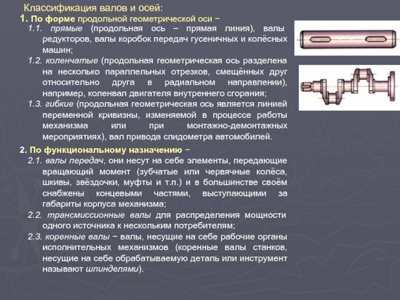 Виды валов. Классификация валов и осей:по форме продольной геометрической оси. Классификация валов и осей по назначению и по геометрической форме. Классификация валов по габаритам. Валы и оси. Классификация валов и осей..