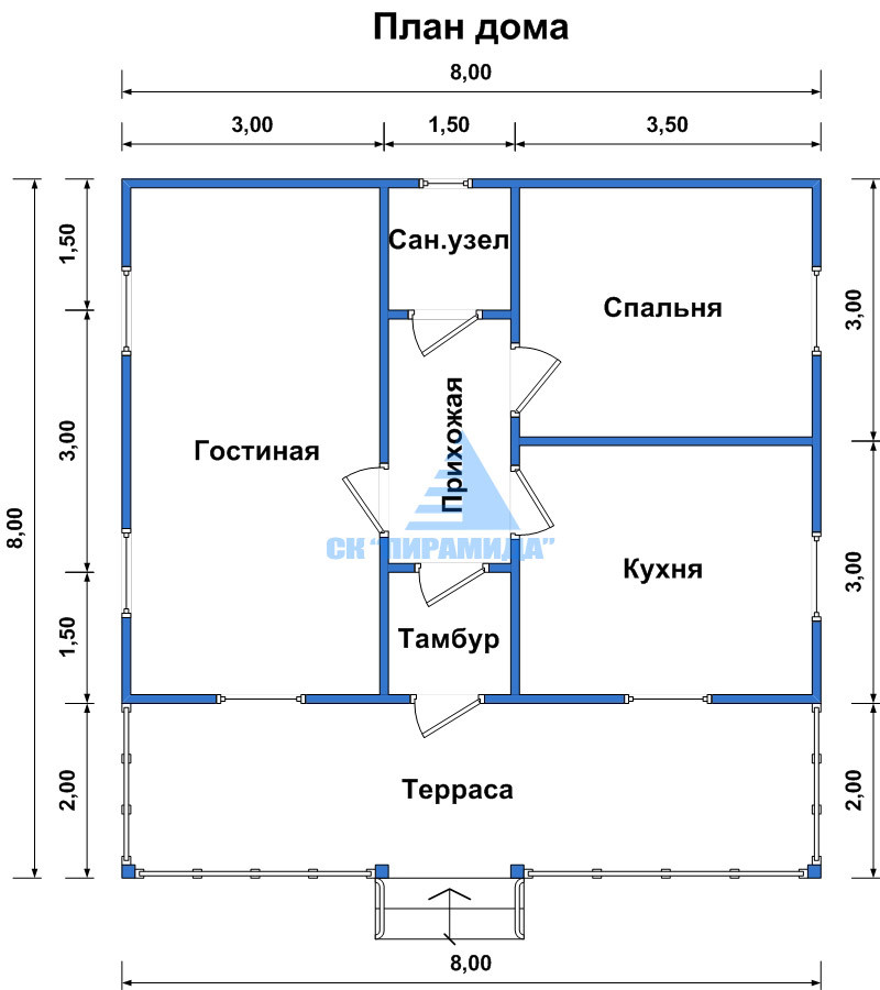 План одноэтажного дома размером 8 на 8